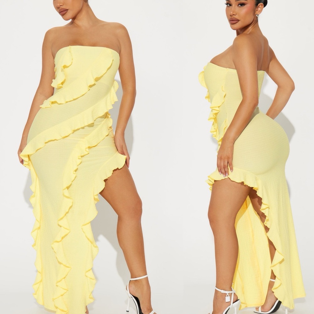 NEW Fashion Nova Rihanna Ruffle Maxi Dress Butter Yellow Strapless Small